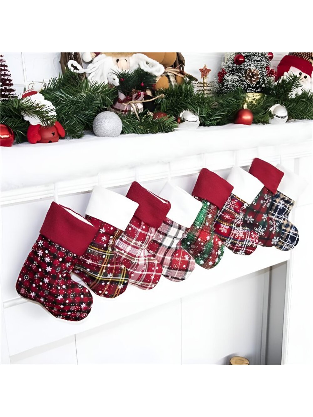 9'' Set of 8 Mini Christmas Stocking Ornament Glitter Plaid Snowflake Candy Gift